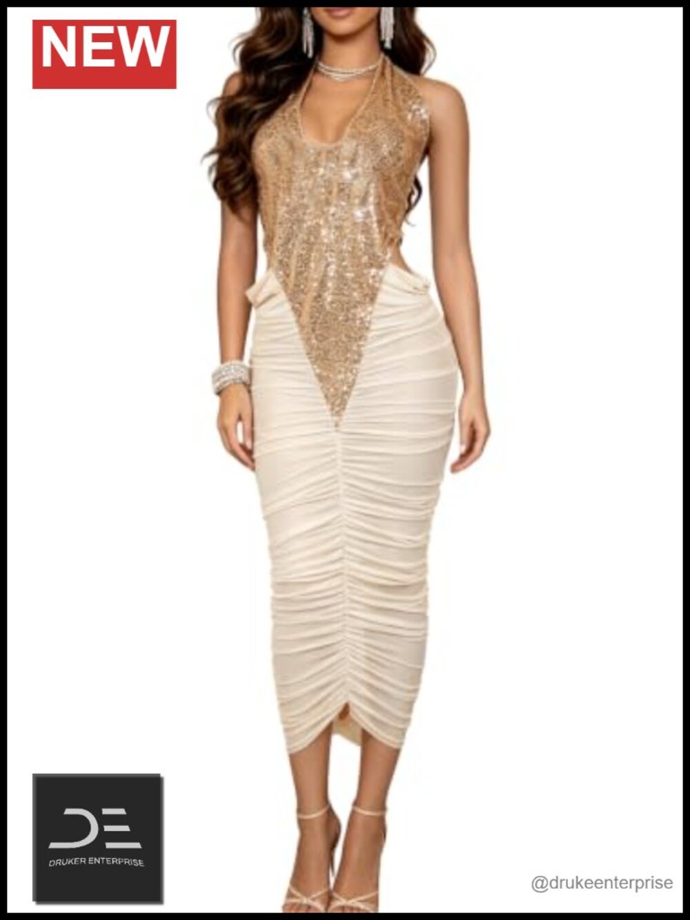 Sequin Halter Backless Maxi Dress Sparkly See Through Mesh Bodycon
